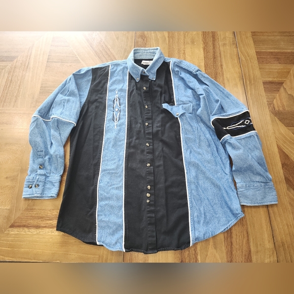 Express Riders Western Aztec Rodeo Tribal Black Blue Button Down Sz Large - Picture 2 of 13